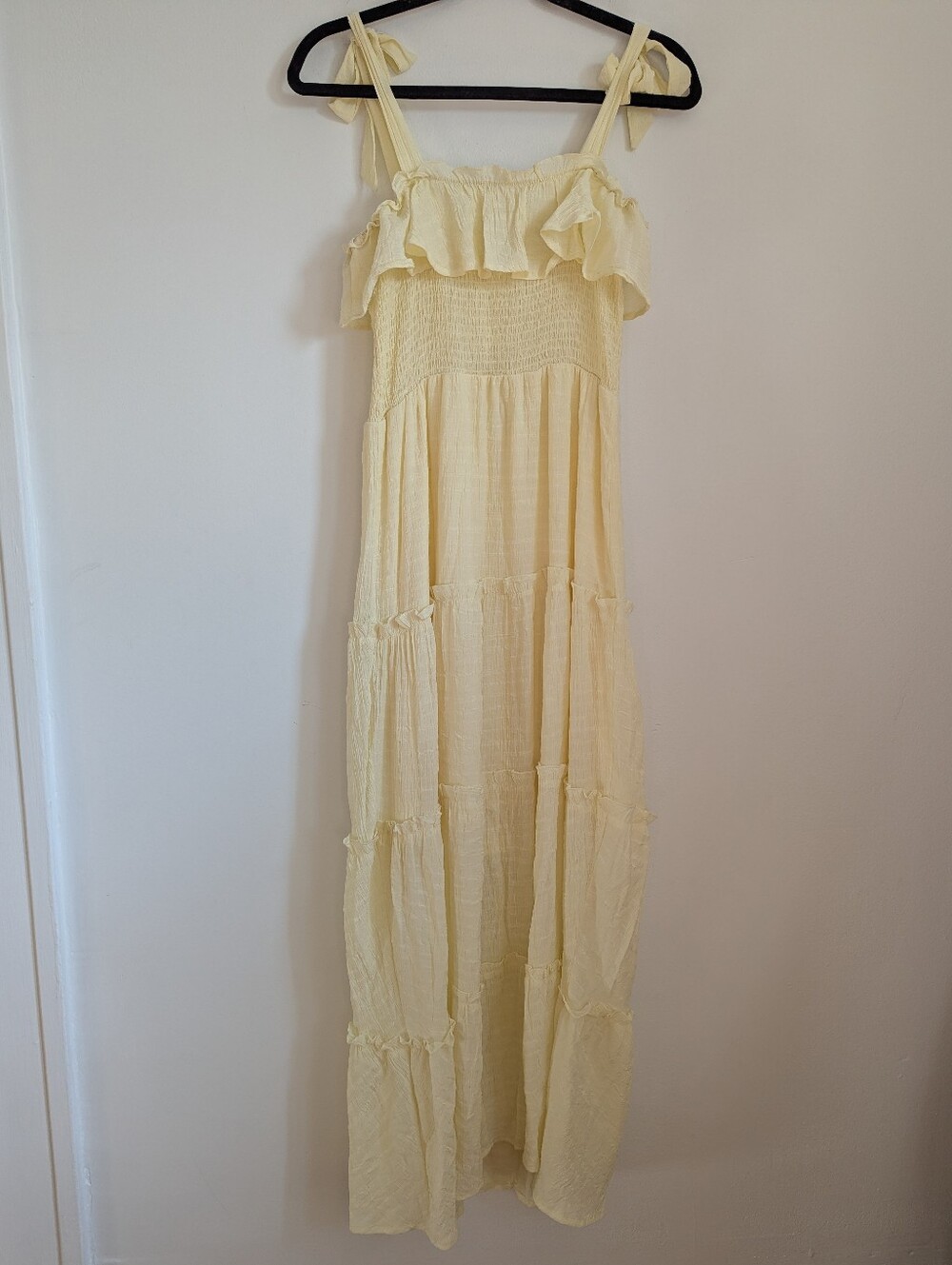 Altar'd State Butter Yellow Tiered Maxi Sundress w/ Ruffle Bodice & Tie Straps